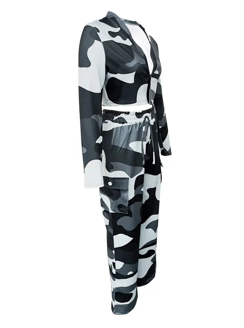 Camo Print Cargo Pants Set with Sexy Crop Top and High Waist Wide Leg Trousers for Women