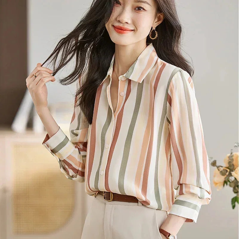 Striped Print Button Front Casual Long Sleeve Shirt for Women Lightweight Blouse for Spring and Fall Women's Tops