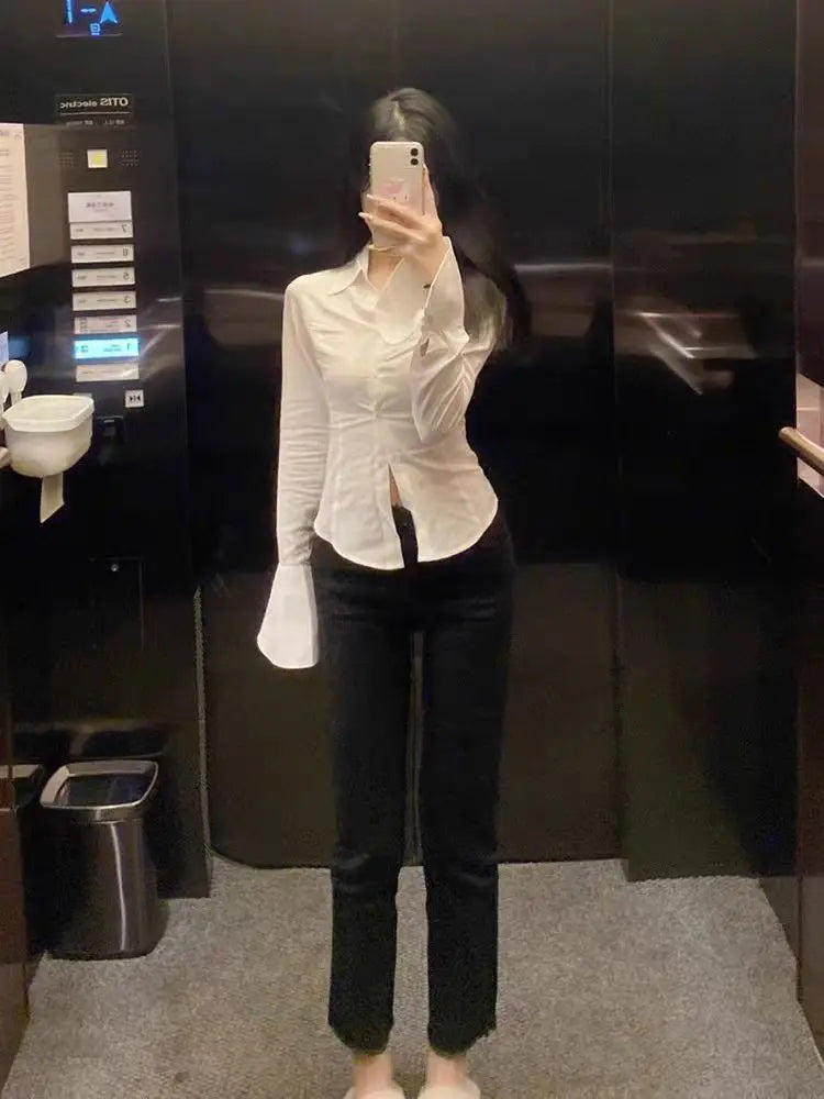 Chic White Women's Shirt with Flattering Flared Sleeves Waist-Cinching Tie Elegant French-Inspired Design Sexy and Stylish Blouse for Ladies