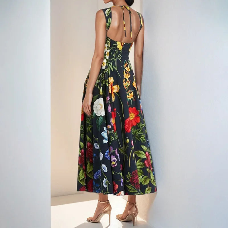 Womens Floral Print Backless Dress With Square Collar