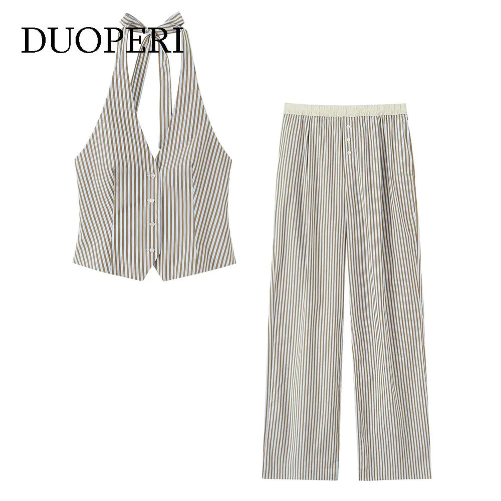 Women Summer Striped Halter Neck Tank Top and Casual Straight Trousers 2 Piece Set