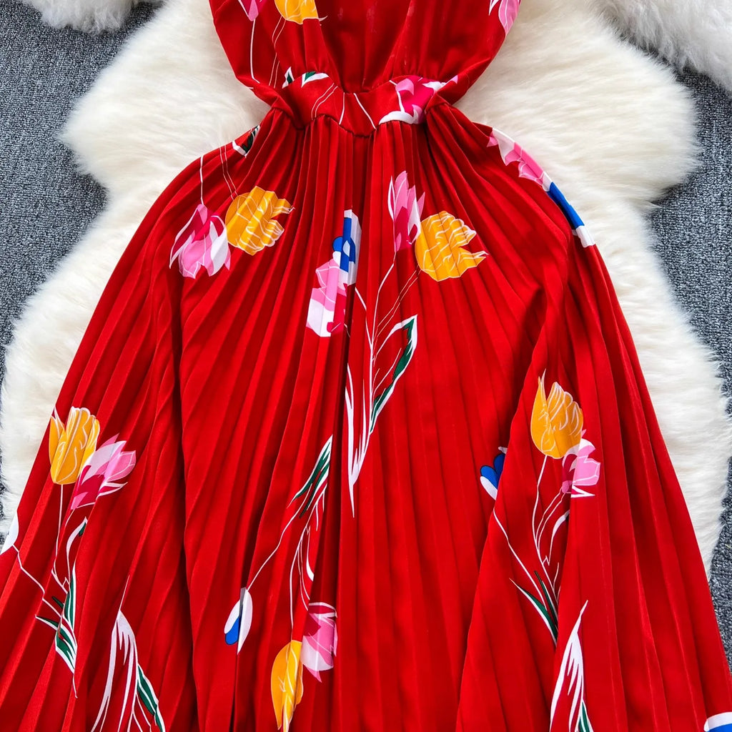 Floral Print Maxi Dress High Waist Spaghetti Strap Backless