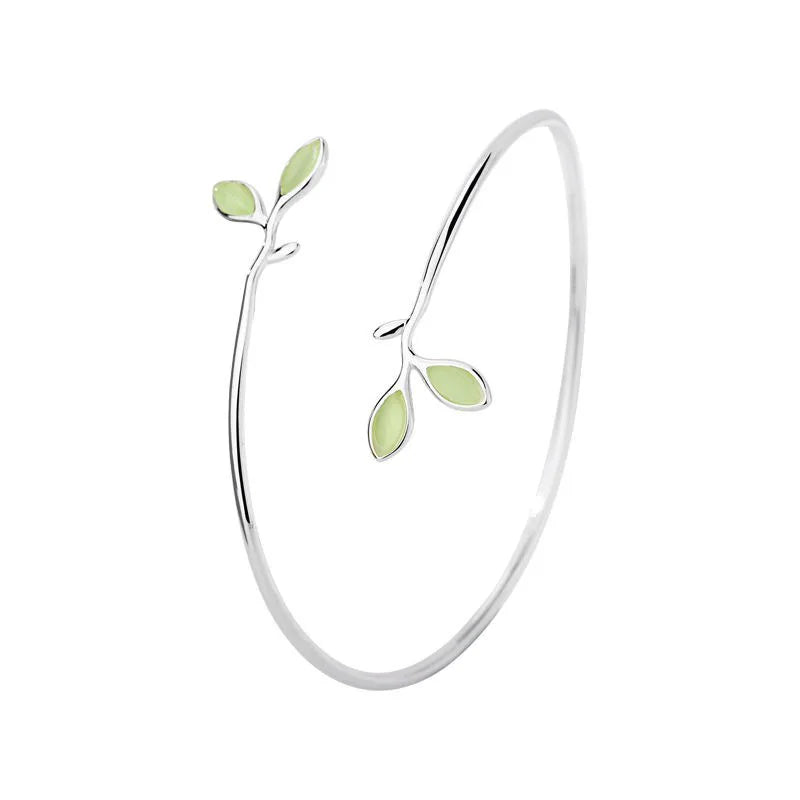 925 Sterling Silver Bangle with Green Opal Leaf Design for Women - Elegant Twigs Branch Jewelry Gift