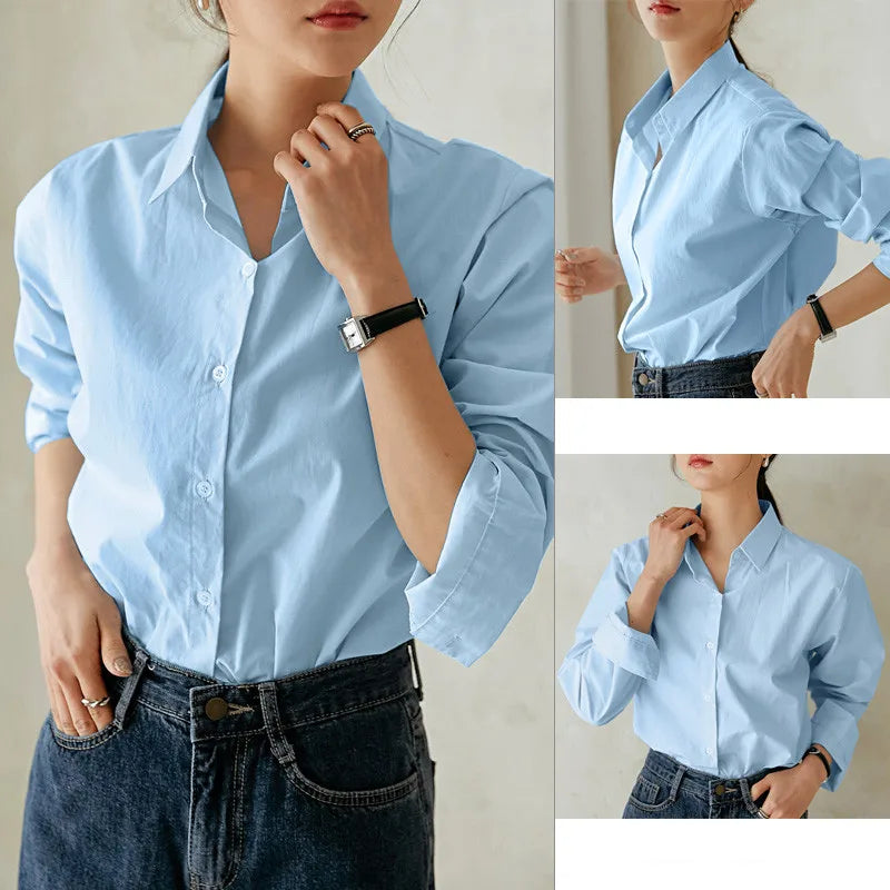 Women's Casual Loose Fit Long Sleeve Lapel Shirt 100 Percent Cotton Pure Color Versatile Layering Top for Spring and Autumn