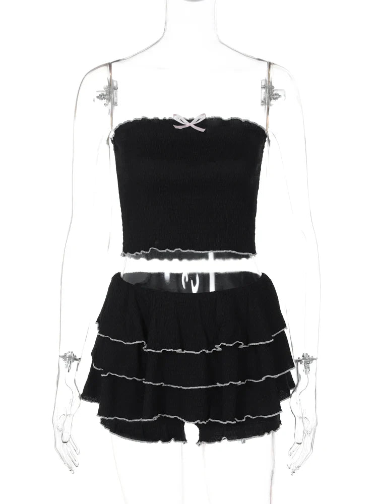 Sexy Matching Tube Top and Ruffled Skirt Set Women Summer Party Club Date Outfit Streetwear Y2K Style