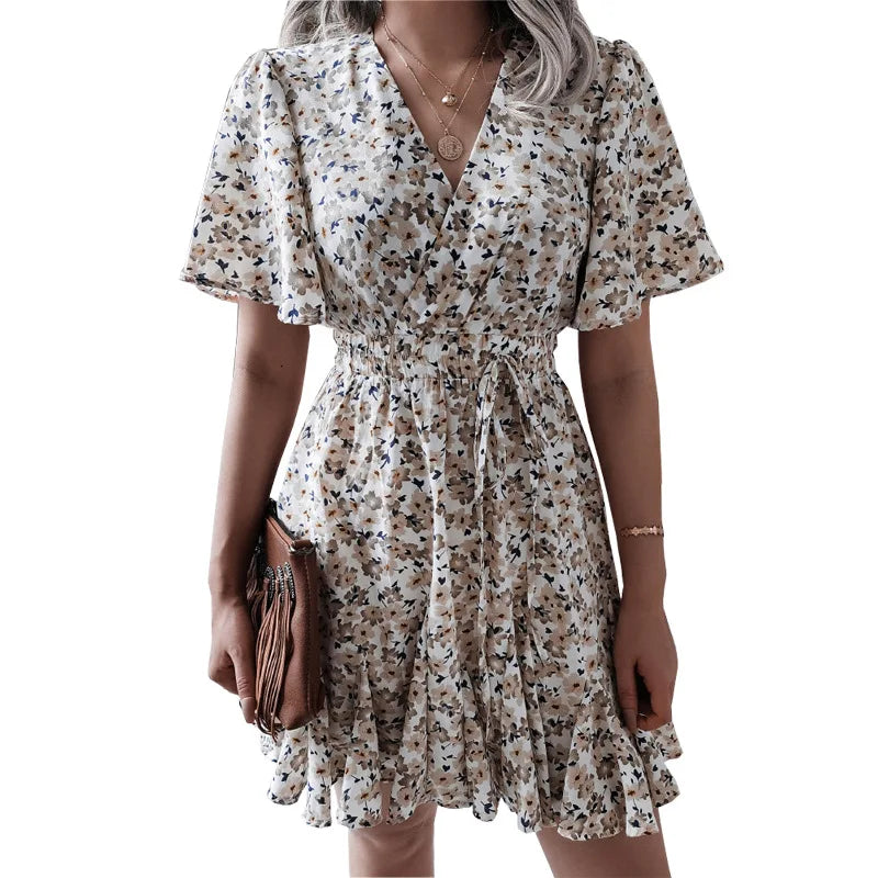 Summer Floral Dress With Bubble Sleeves V Neck A Line