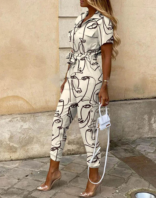 Summer Casual Women's Jumpsuit with Lapel Collar Printed Waistband and Stylish Buckle Detail
