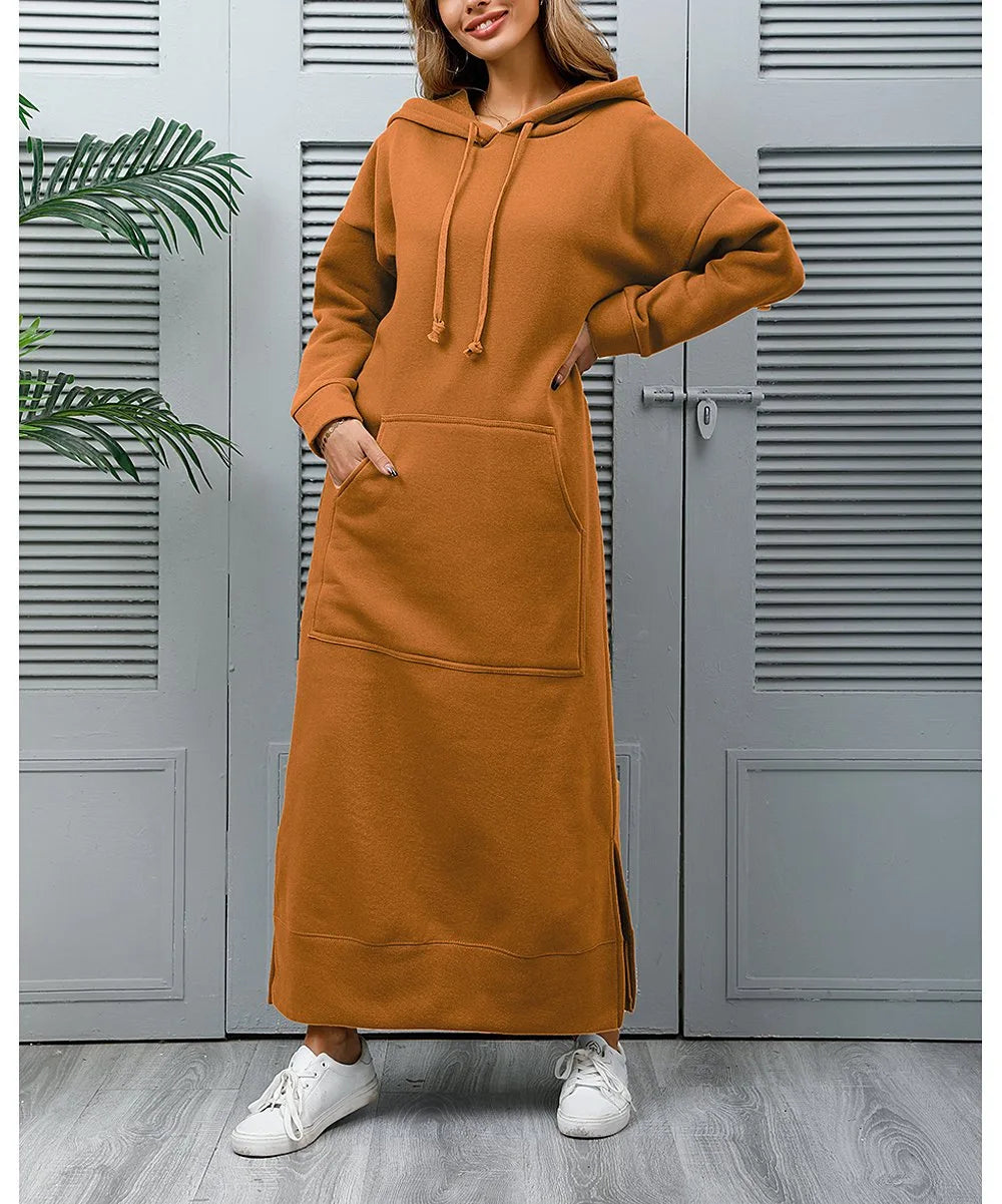 Cozy Knitted Hooded Long Dress With Large Pocket Women