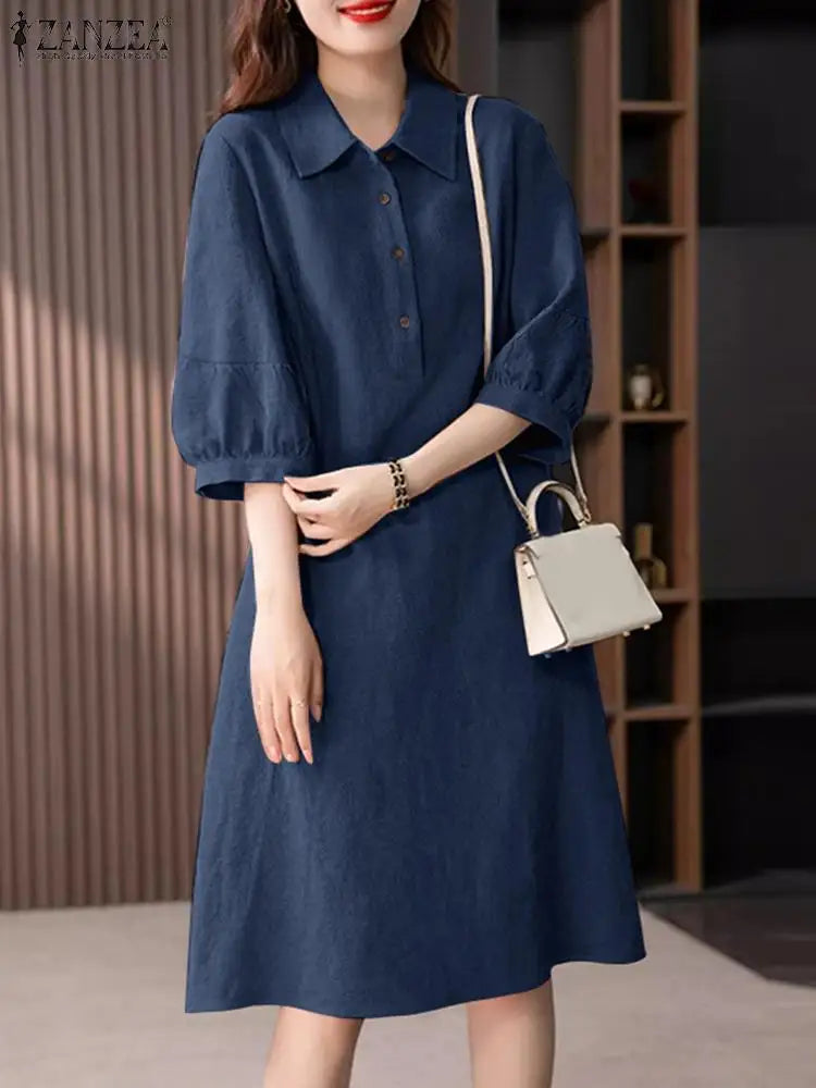Women Cotton Shirt Dress Midi Three Quarter Sleeve Elegant