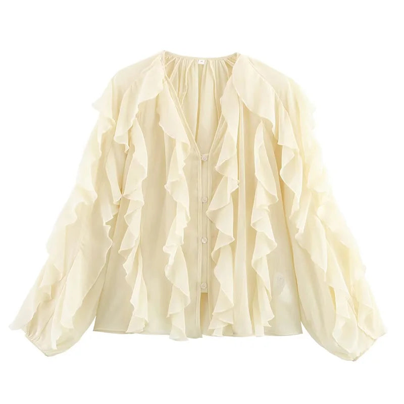 Women's Semi-Transparent V-Neck Tiered Decoration Long Sleeve Casual Shirt Blouse Top