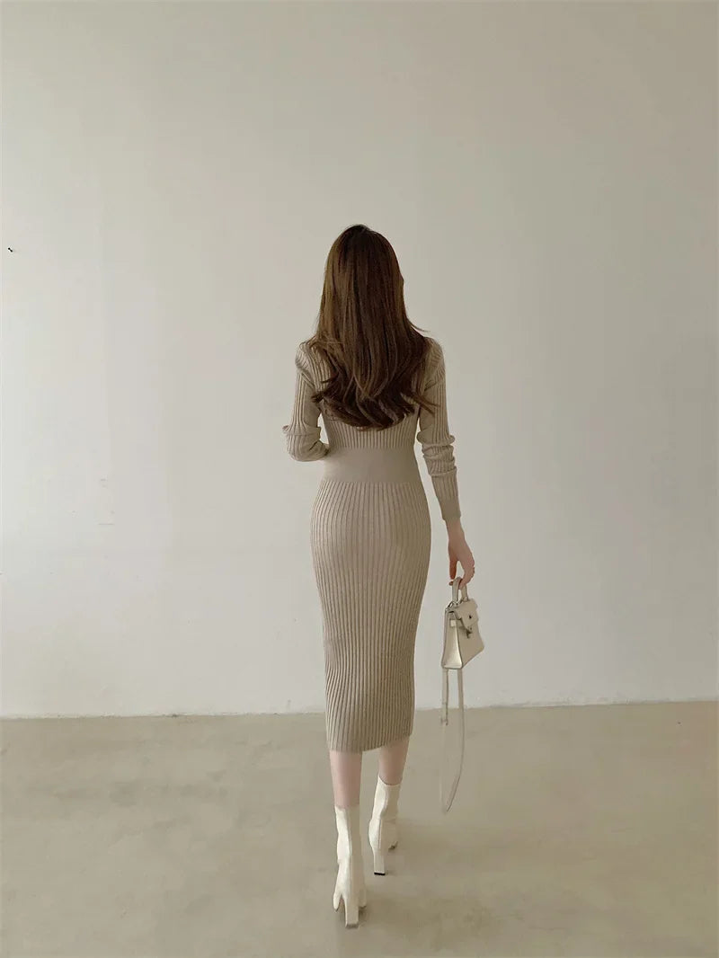 Knit Sweater Dress For Women V Neck Maxi With Buttons