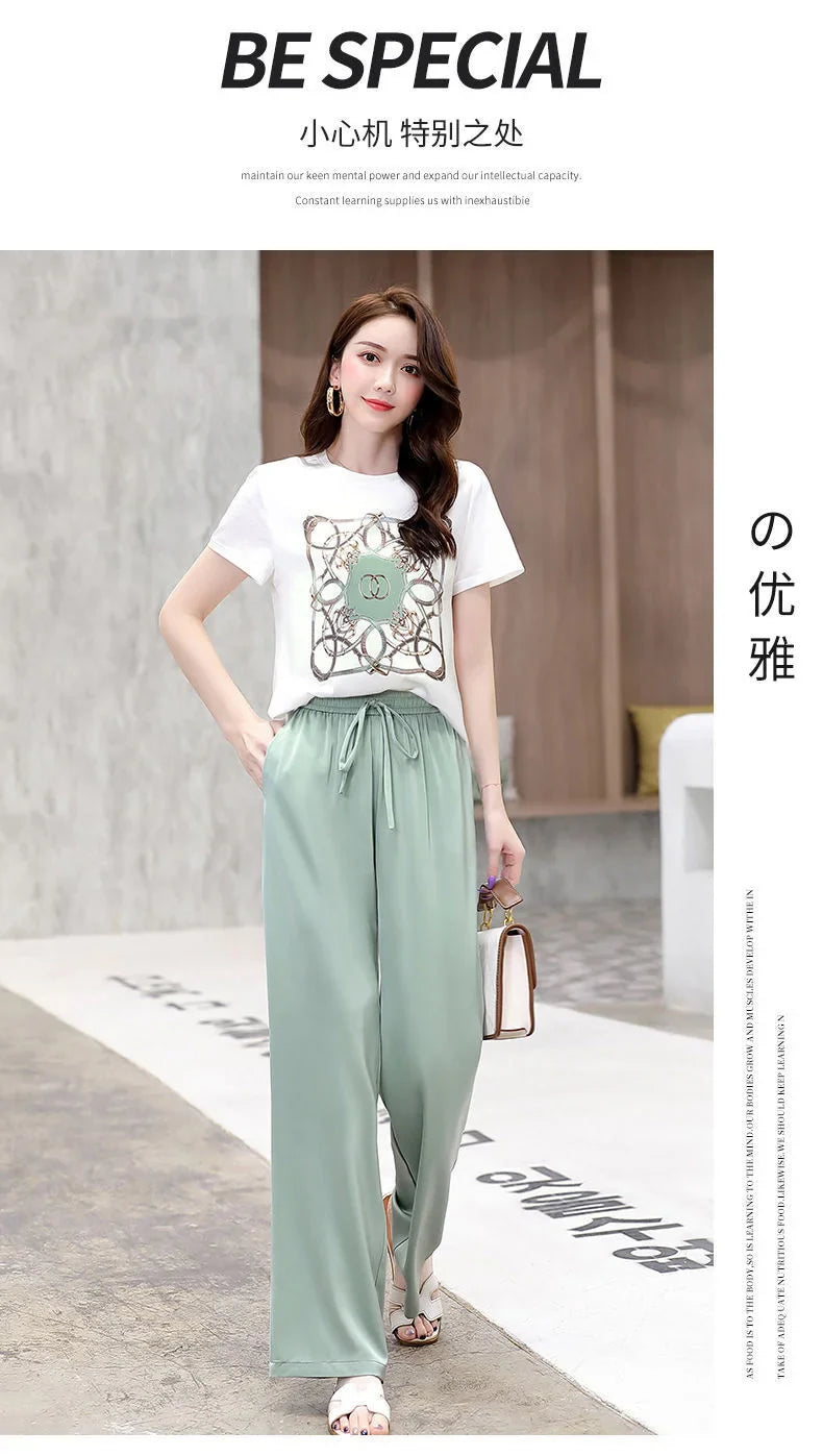 Women's Plus Size Two Piece Suit Set with Short Sleeve Tops and Wide Leg Pants for Casual Summer Fashion