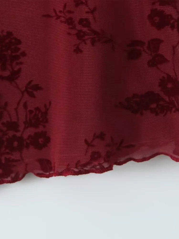 Retro Flocked Print High Waist Long Sleeve Dress Slim Fit