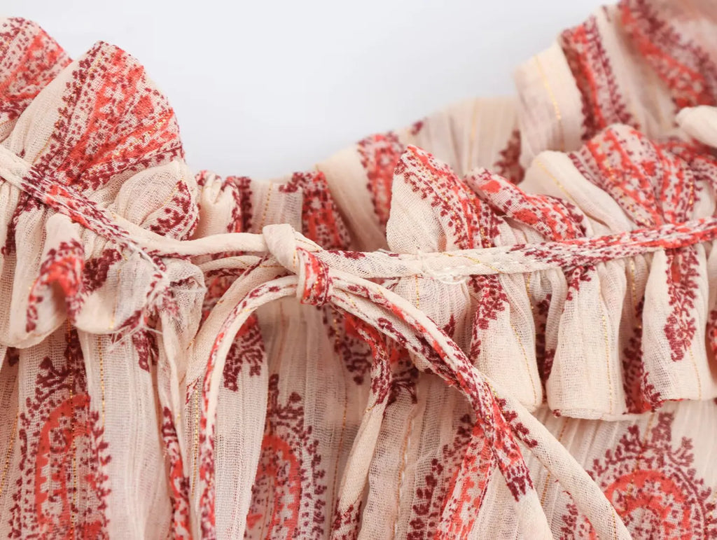 Womens Printed Shirt with Metallic Thread Ruffle Collar Drawstring Long Sleeve Single Breasted Chic Top