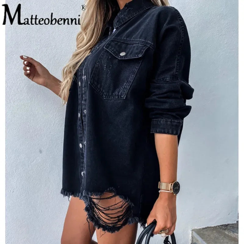 Women's Long Sleeve Denim Shirt with Ripped Details Mid-Length Button-Up Boyfriend Fit Casual Loose Top