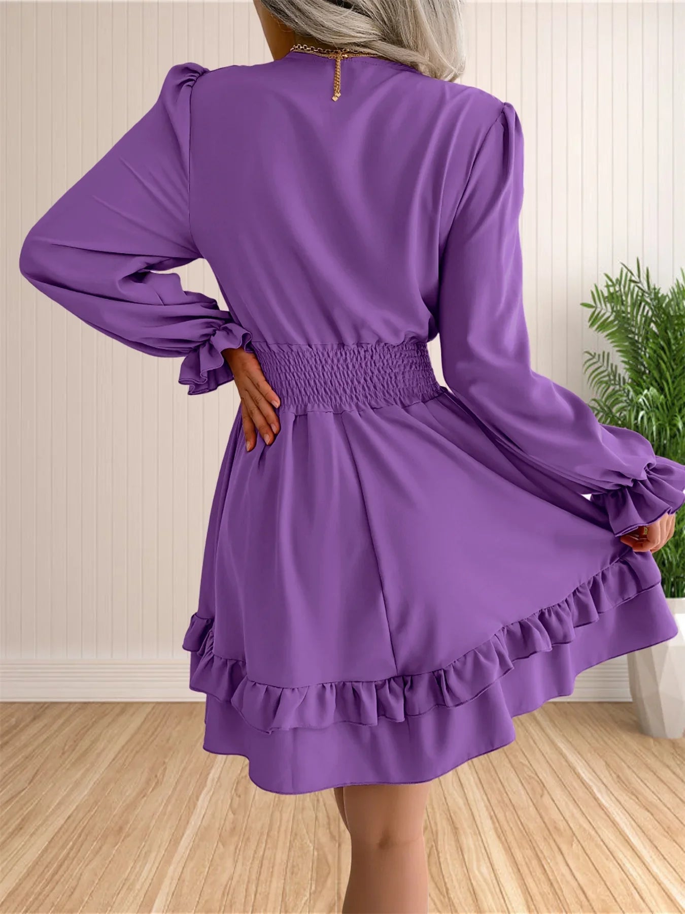 Womens V Neck Knot Front Smocked Waist Tiered Skater Dress