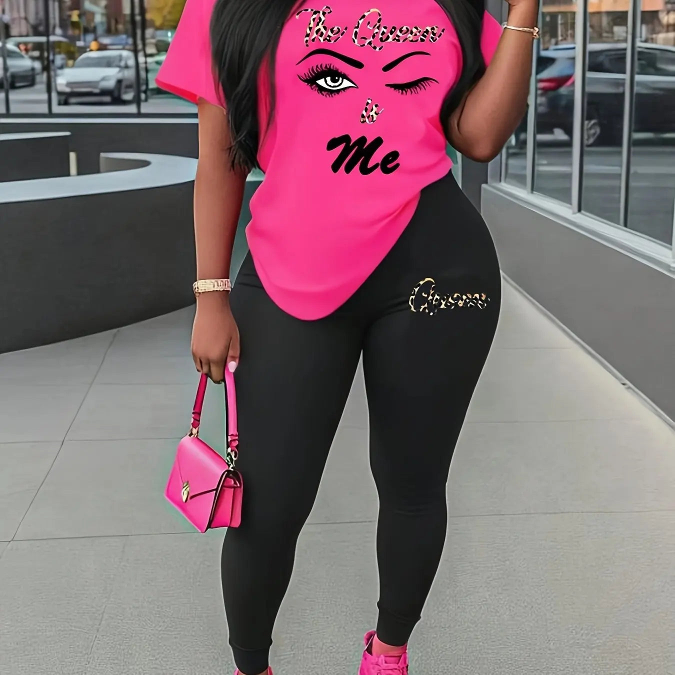 Plus Size Women's Fitness Outfit Set with Abstract Figure Print T-Shirt and Stretchy Comfy Pants