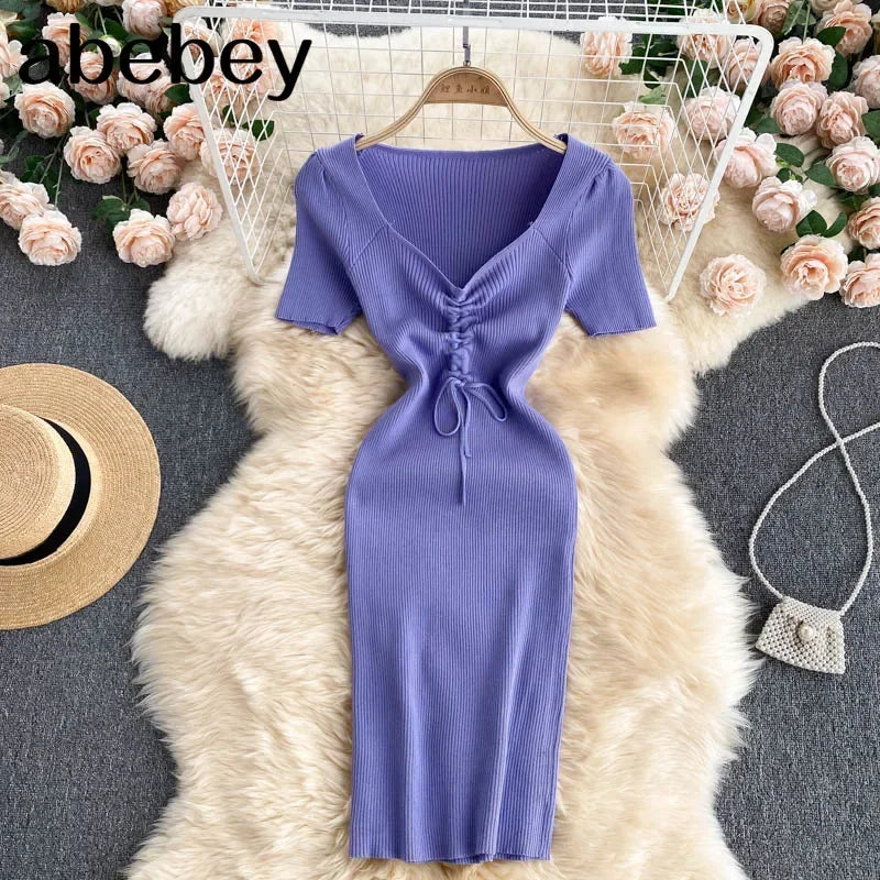 Korean Knit Bodycon Dress V Neck Drawstring Short Sleeves