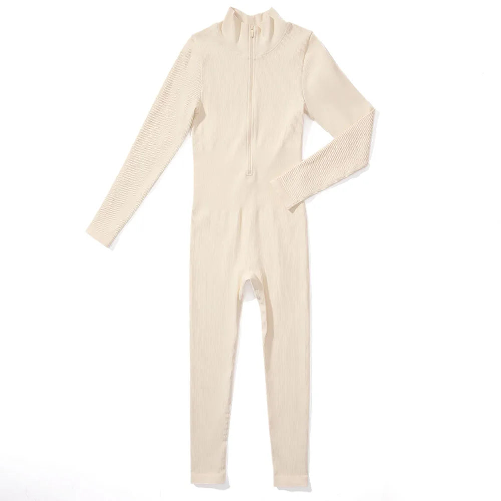 Bodycon Slim Fit Zipper Jumpsuit for Women Casual Brown Fitness Romper Streetwear Playsuit Overall