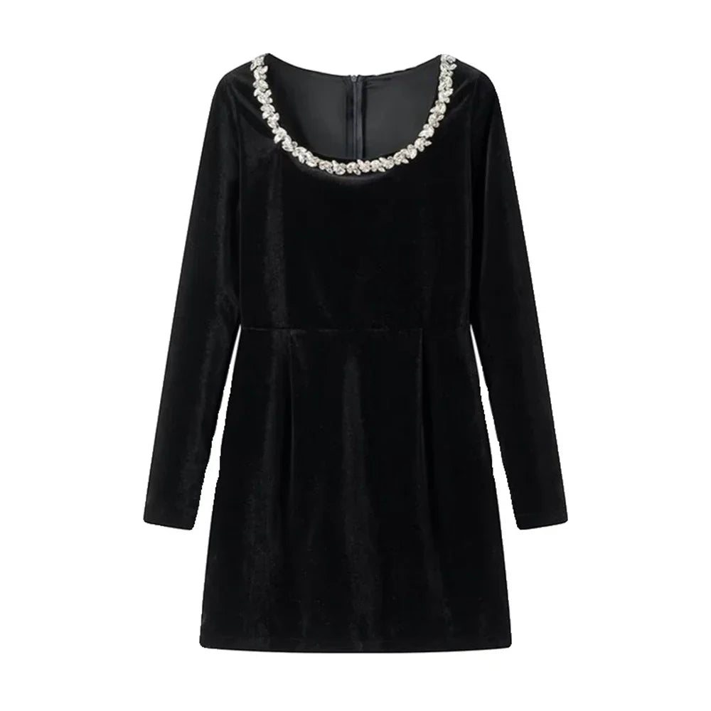 Beaded Mini Dress With Plunge Neckline And Long Sleeve