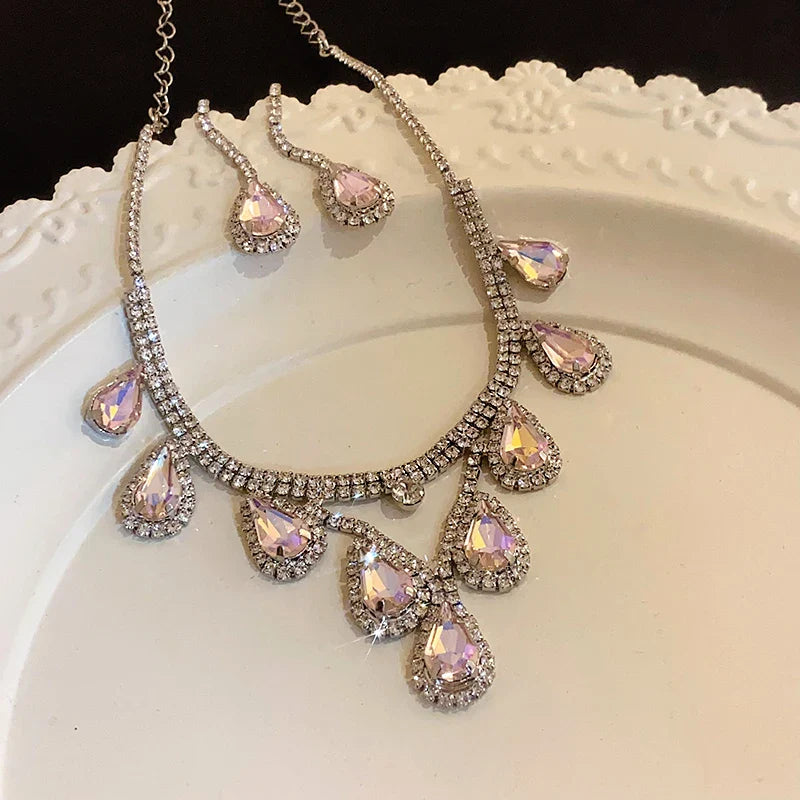 Large Water Drop Rhinestone Necklace and Earrings Set for Women Bridal Wedding Party Jewelry