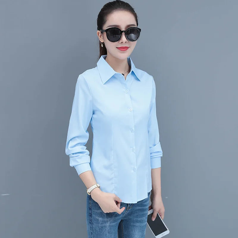 Elegant Slim Fit Blue Long Sleeve Blouse for Women Formal Office Shirt Basic Workwear Top
