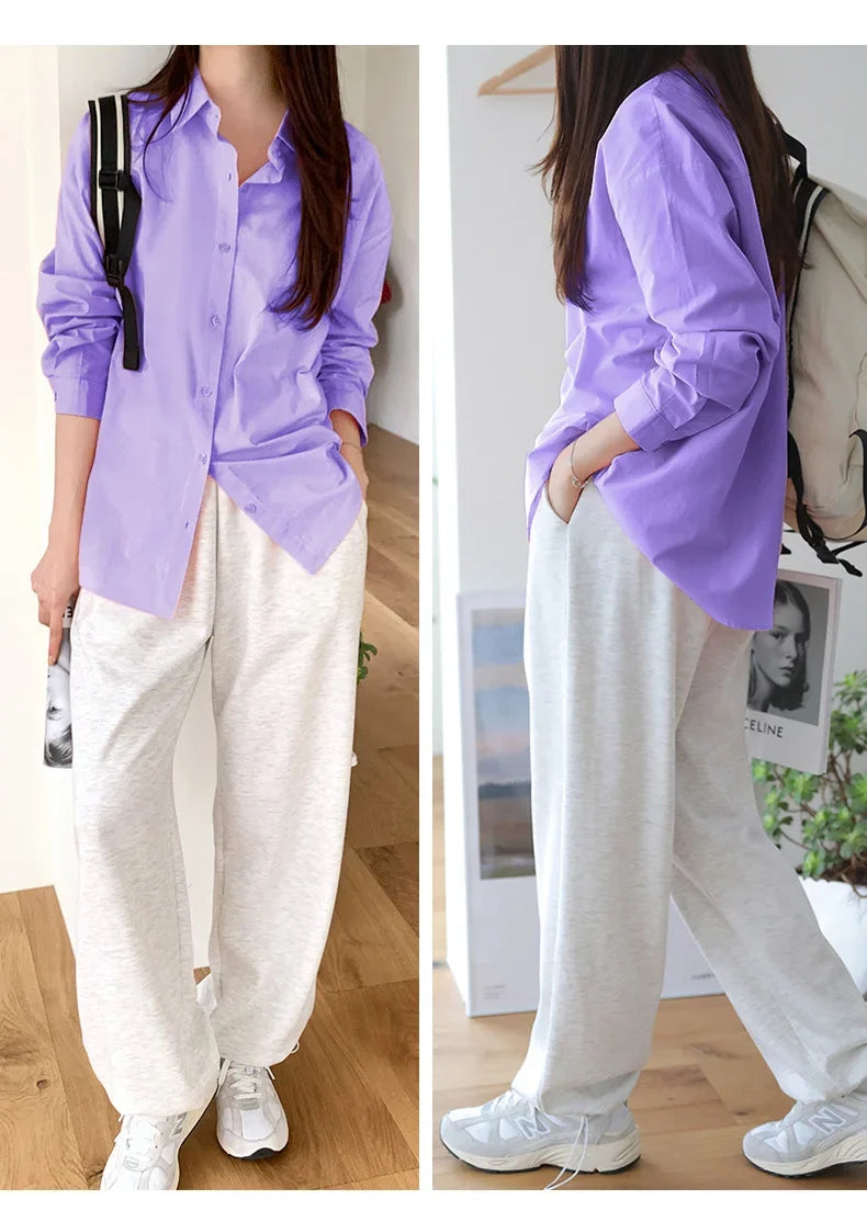 Women's Casual Loose Fit Long Sleeve Lapel Shirt 100 Percent Cotton Pure Color Versatile Layering Top for Spring and Autumn