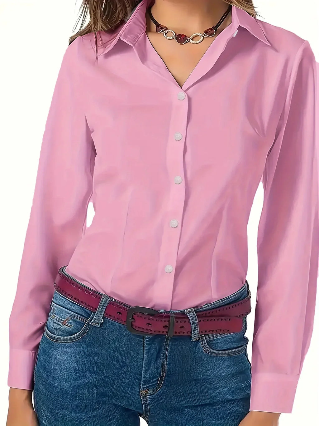 Solid Button Front Shirt Elegant Long Sleeve Lapel Blouse Lightweight Basic Top for Spring and Fall Women's Fashion Office Casual Wear