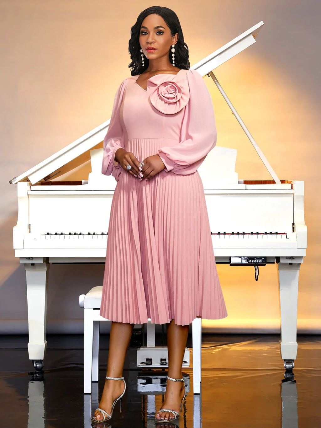 Pink Bubble Sleeve Dress 3D Flowers O Neck Pleated Maxi