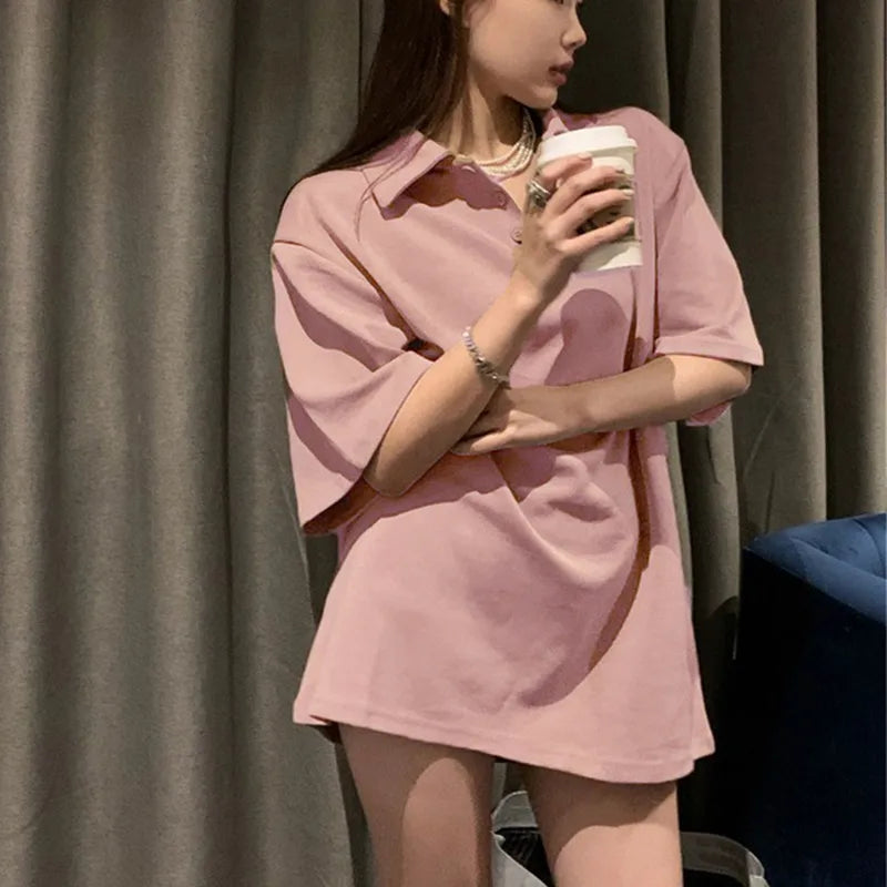 Women's Short Sleeve Polo Shirt Solid Color Loose Fit Summer Casual Large Size Trendy Korean Style Tee