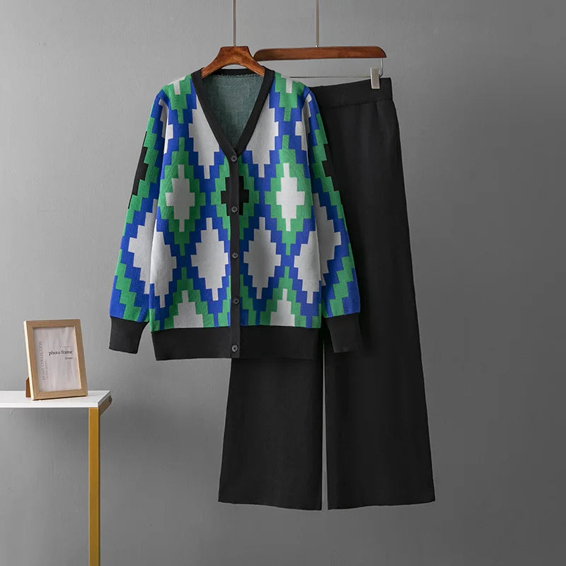 Women Casual V-neck Argyle Knit Cardigan and High Waist Wide Leg Pants Set
