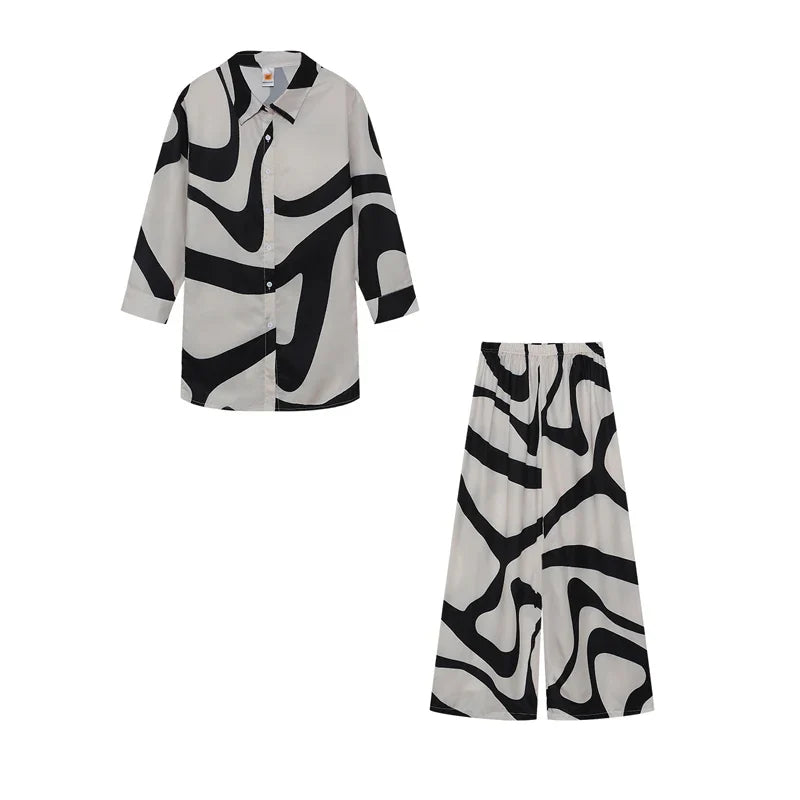 Fashion Printed Loose Long Sleeve Shirt and Straight Leg Pants Set for Women