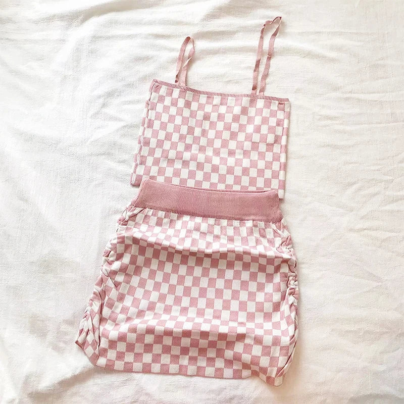 Women's Plaid Strapless Mini Top and High Waist Bodycon Skirt Set Casual Knitted Two-Piece Outfit