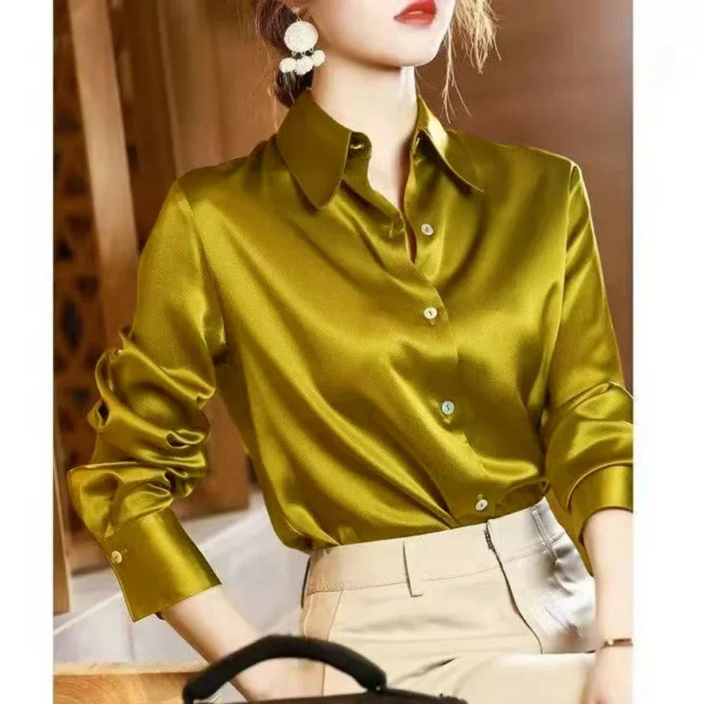 Elegant Satin Long Sleeve Women's Shirt Slim Fit Casual Office Blouse Stylish Autumn Top