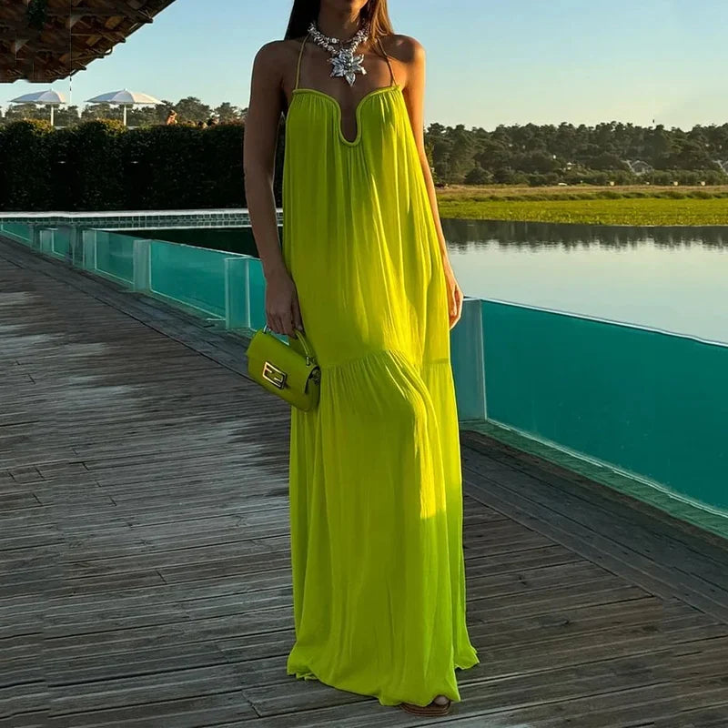 Summer Maxi Dress For Women Backless Halter Neck Beachwear