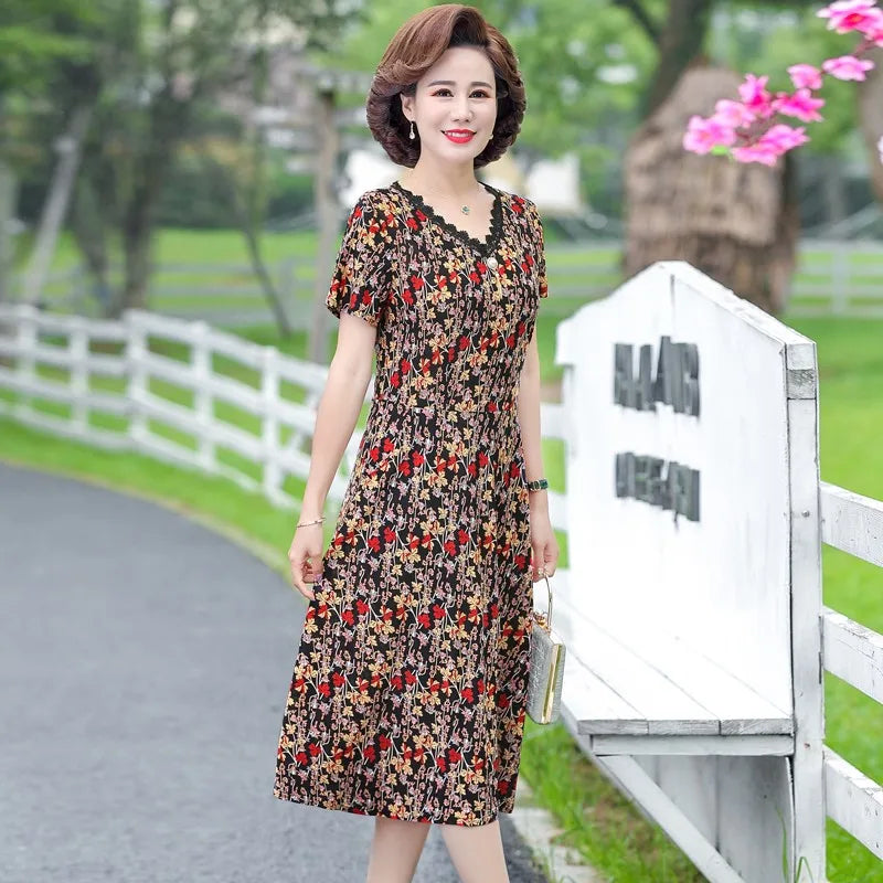 Bohemian Summer Dress With V Neck Print Vintage Midi