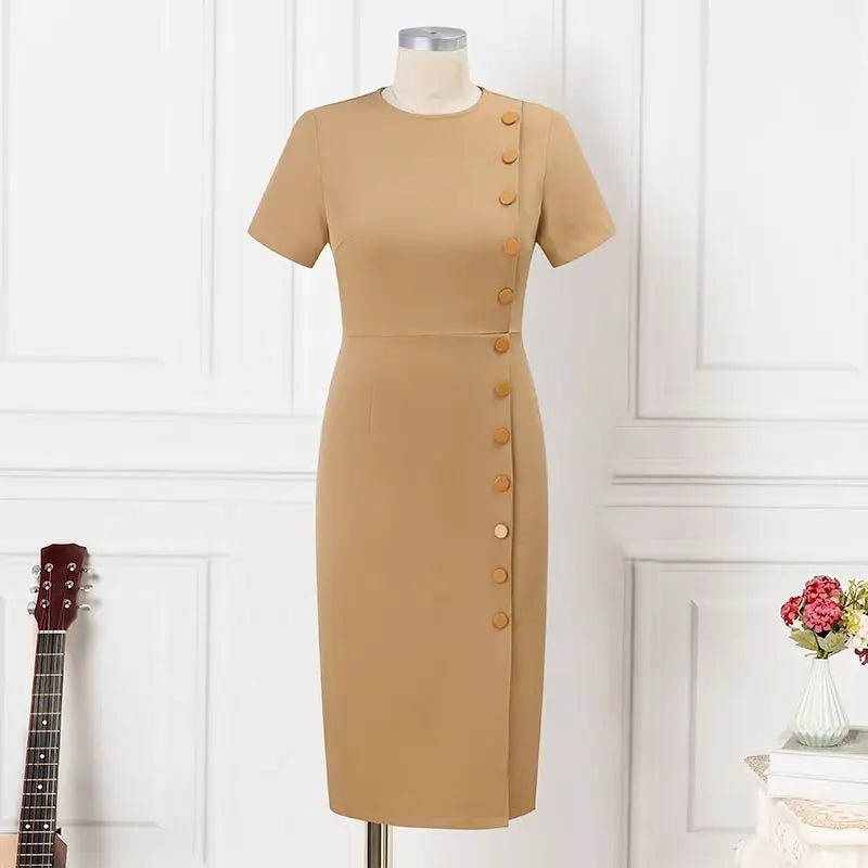 Elegant Women Midi Dress Solid Color Short Sleeve Casual
