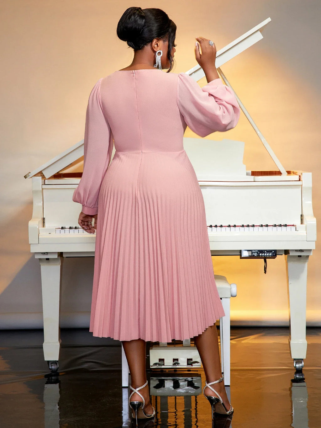 Pink Pleated Church Dress With 3D Rose For Wedding Guest