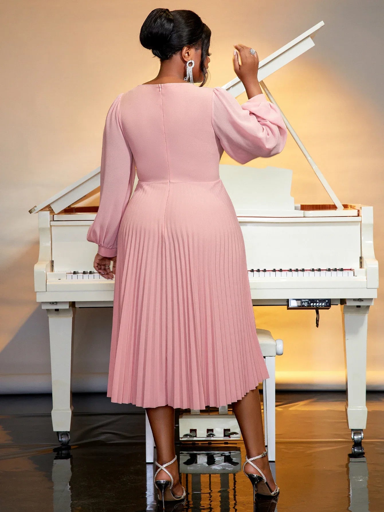 Pink Pleated Church Dress With 3D Rose For Wedding Guest