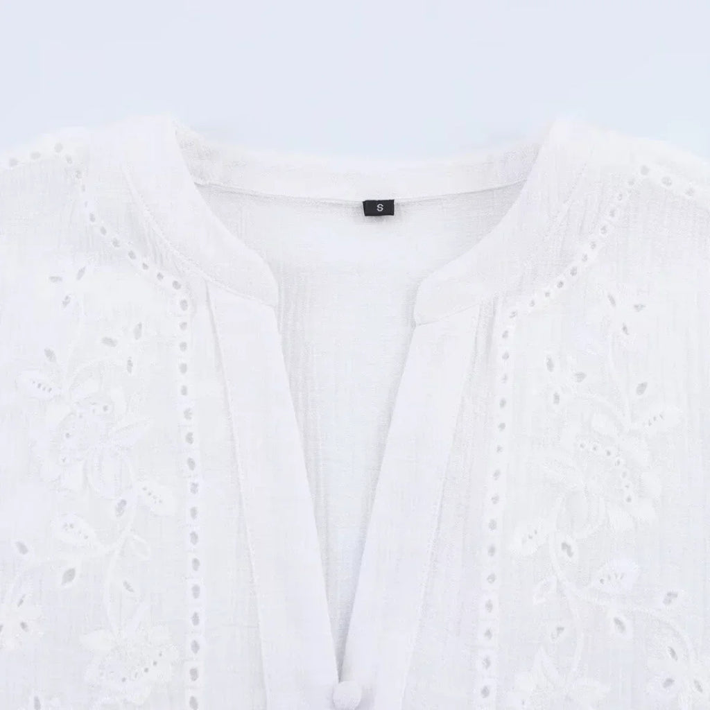 Women's Embroidered V-Neck Long Sleeve Shirt Single-Breasted Loose Hem Casual Chic Top for Spring and Summer