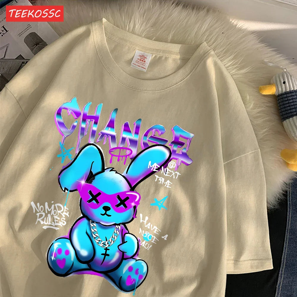 Trendy Cartoon Rabbit Print Summer T-Shirts for Women in Soft Cotton Short Sleeve Loose Fit Casual Tops