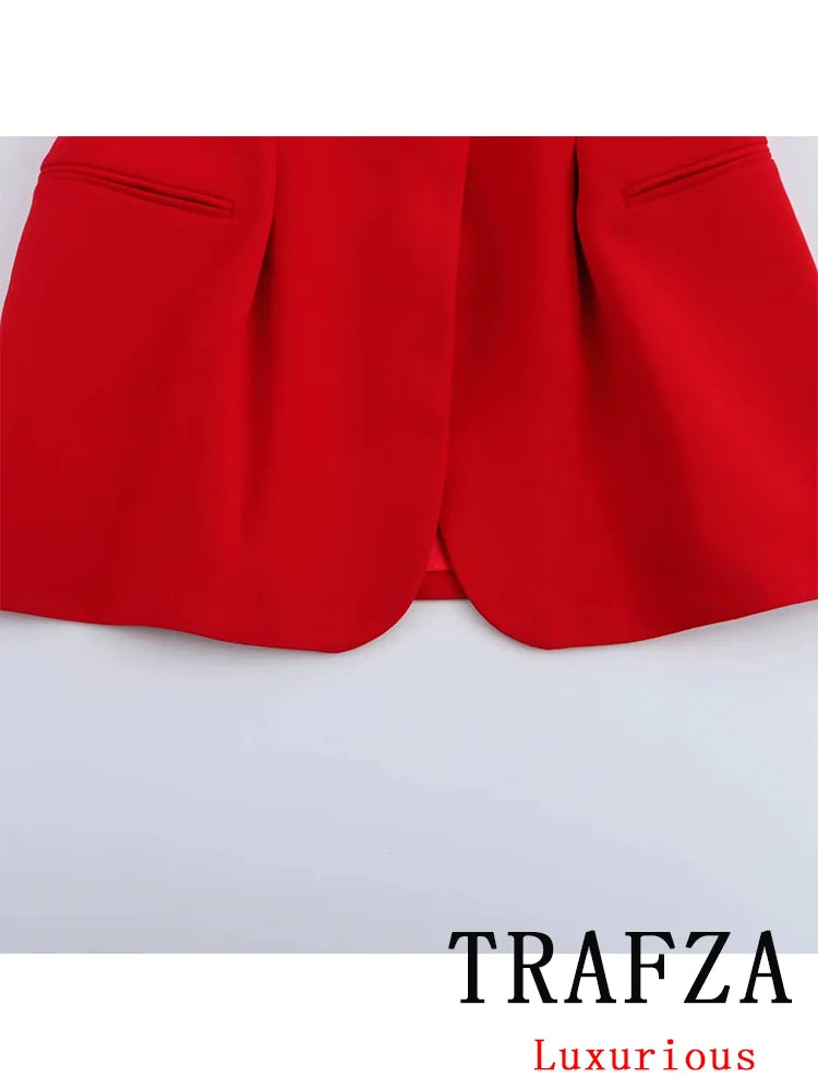 Chic Red Sleeveless Blazer and High Waist Wide Leg Pants Set for Office Ladies with V Neck and Sashes