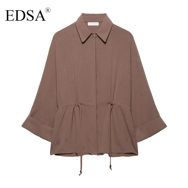 Women Camel Safari Style Flowing Shirt with Drawstring Waist Wide Sleeves and Turn-up Cuffs Casual Blouse for Holiday and Everyday Wear