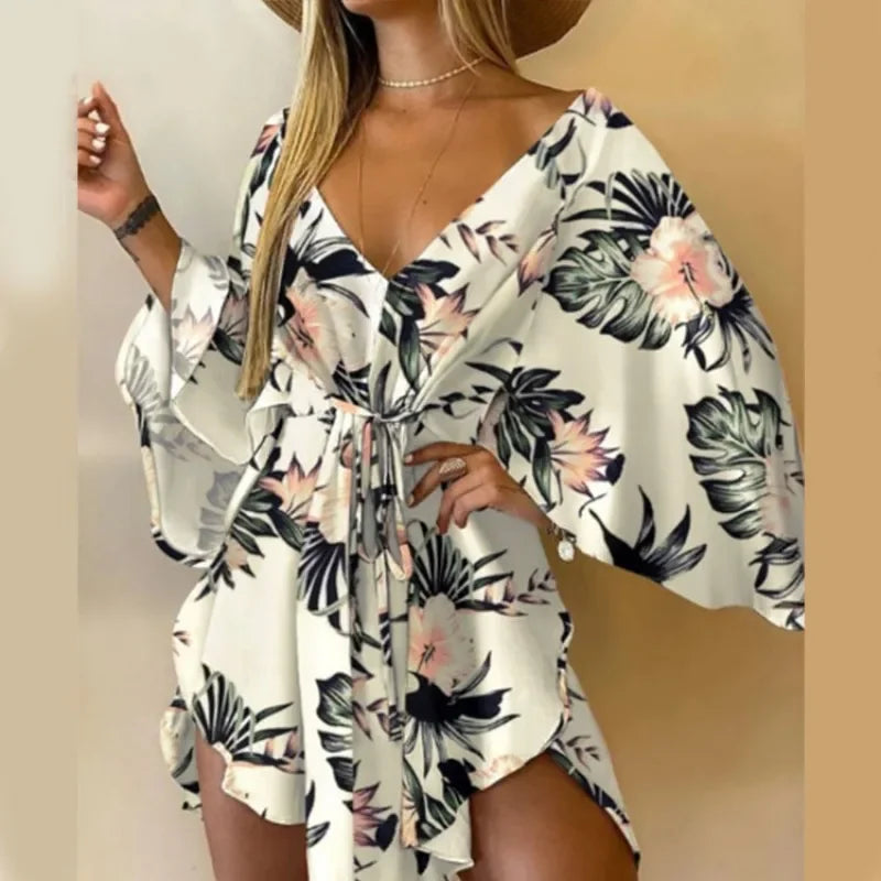 Printed Beach Resort Dress V Neck Bat Wing Sleeve Lace Up