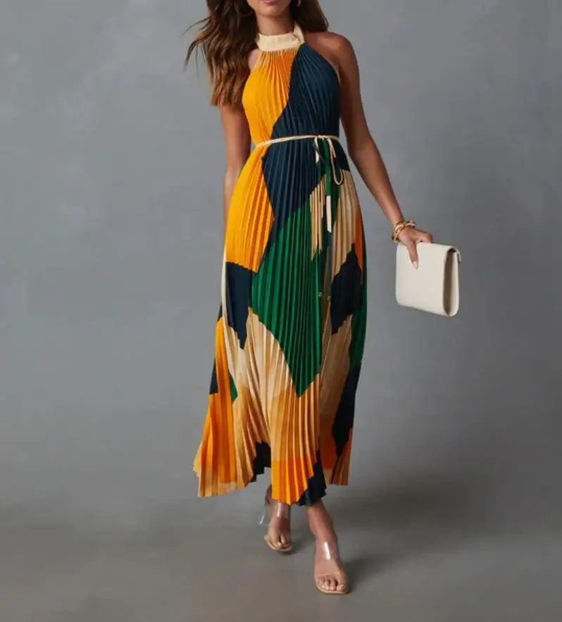 Elegant Backless Pleated Printed Dress For Summer Women