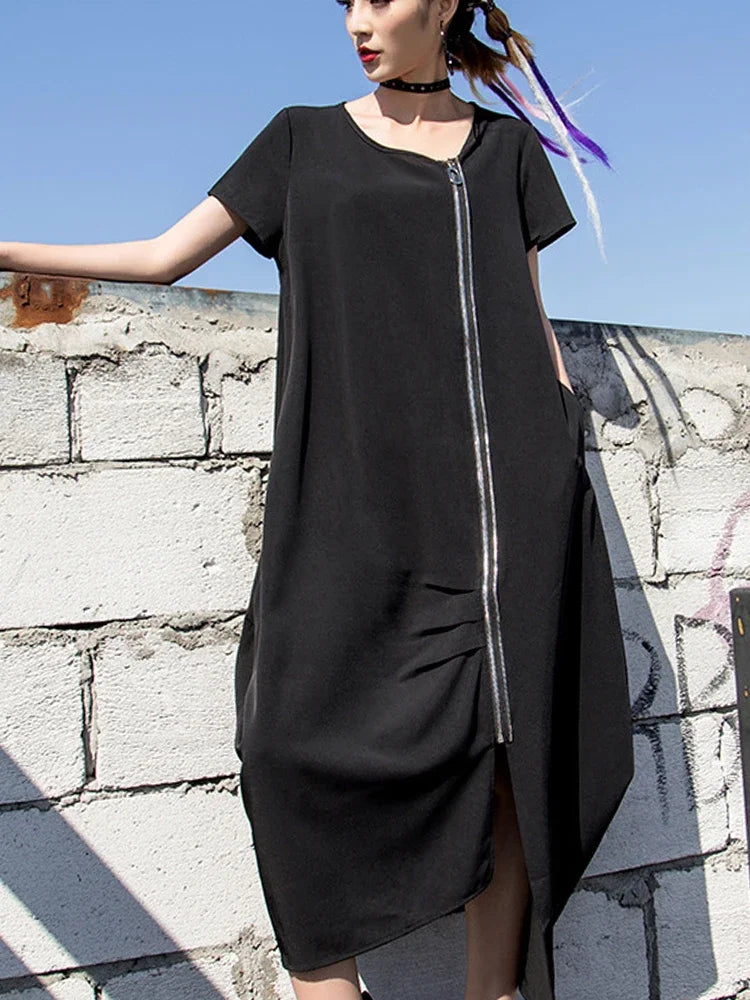 Black Zipper Dress For Women Elegant Casual Long Dress