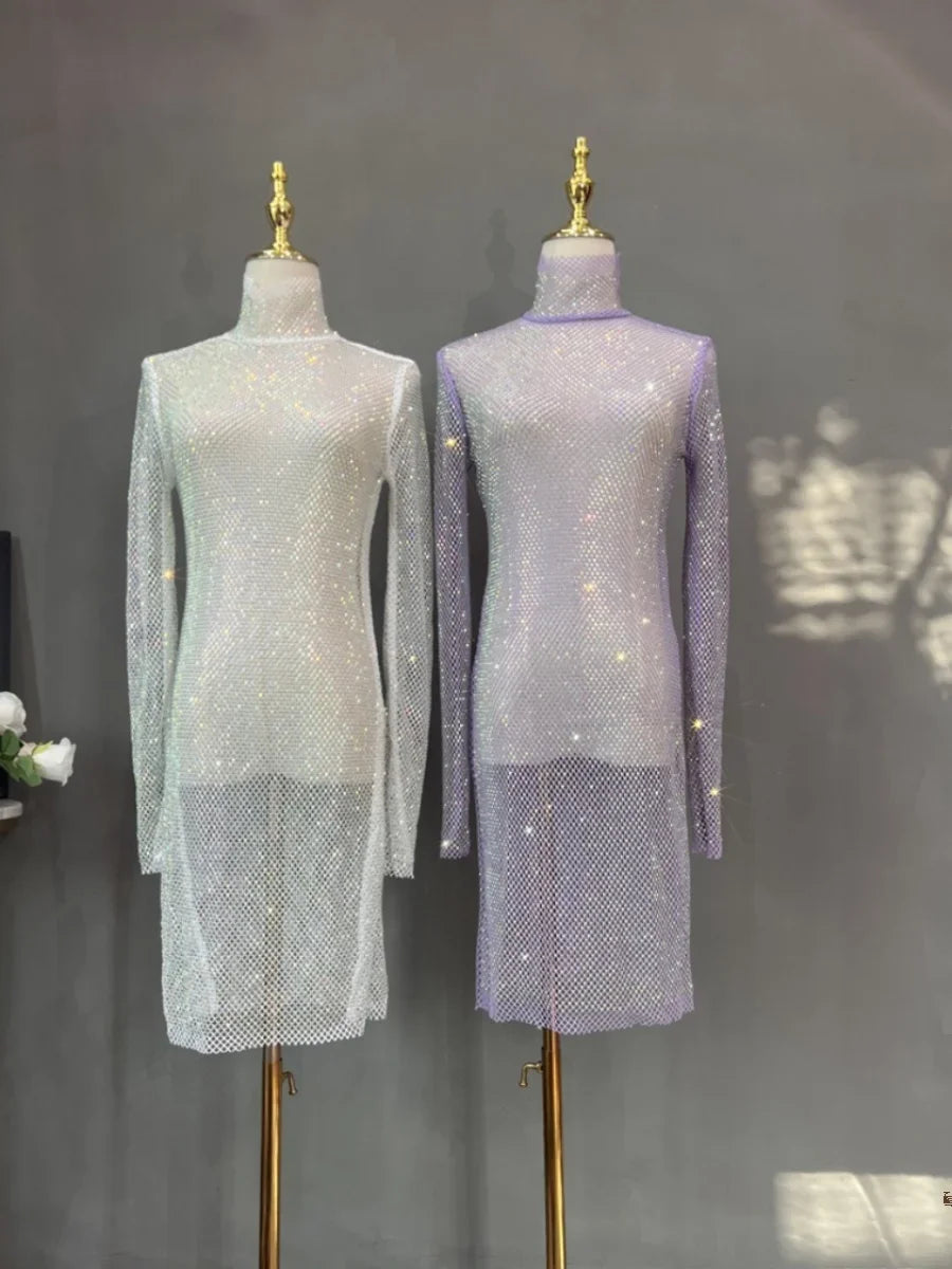 Rhinestone High Neck Glitter Party Dress Mid Length