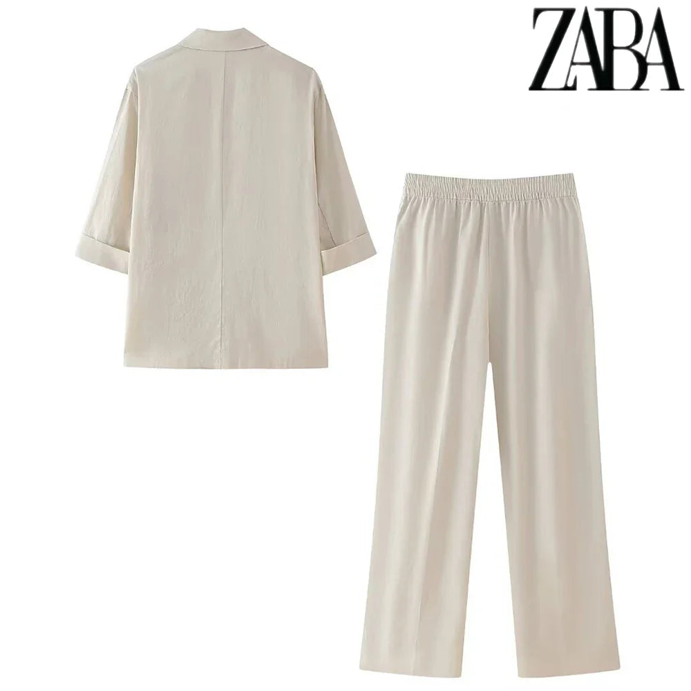 Women's Office Suit Set with Double Breasted Lapel Top and Wide Leg Pants in Solid Color