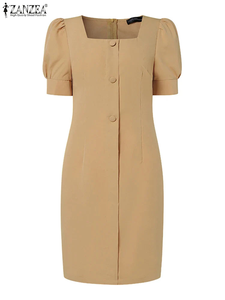 Puff Sleeve Square Collar Sheath Dress For Women Summer