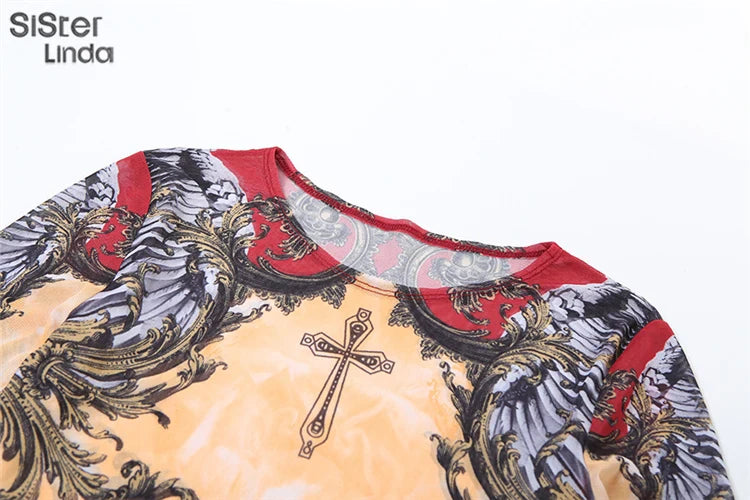 Aesthetic Print Mini Dress With Long Sleeve O Neck Chic